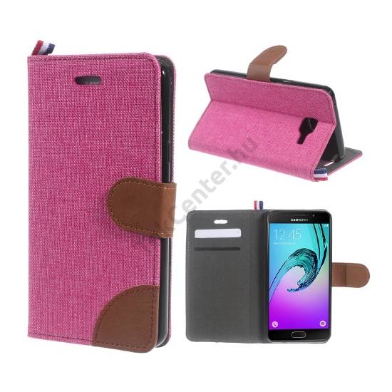Samsung Galaxy A5 (2016) (SM-A510F) Tok álló, bőr (FLIP, oldalra nyíló, asztali tartó funkció, textil hatás) RÓZSASZÍN/BARNA