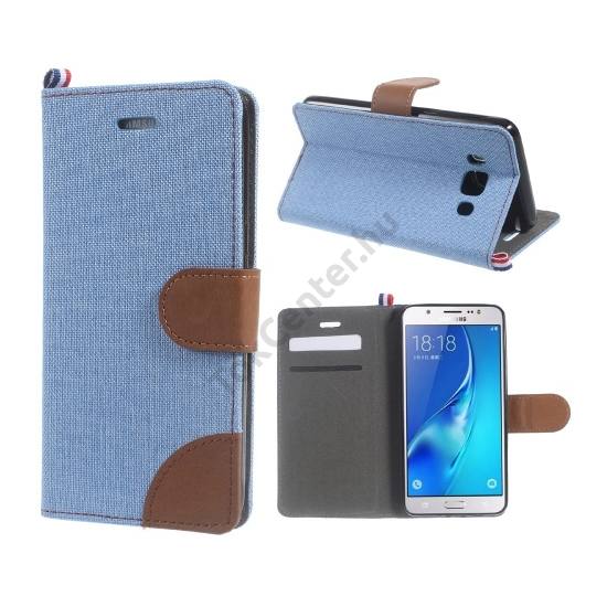 Samsung Galaxy J5 (2016) (SM-J510) Tok álló, bőr (FLIP, oldalra nyíló, asztali tartó funkció, textil hatás) KÉK/BARNA