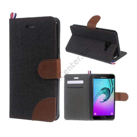 Samsung Galaxy A5 (2016) (SM-A510F) Tok álló, bőr (FLIP, oldalra nyíló, asztali tartó funkció, textil hatás) FEKETE/BARNA