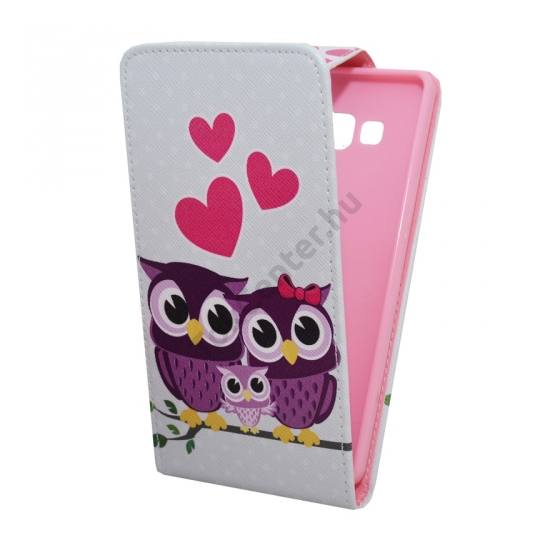 Samsung Galaxy A7 (SM-A700F) Tok álló (FLIP, mágneses, szív, bagolyminta) FEHÉR