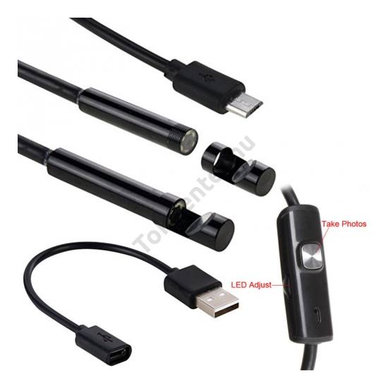 Endoszkópos kamera (vízálló, puha kábel, IP67, LED, 7mm átmérő, 2m hosszú, microUSB, Android támogatás) FEKETE