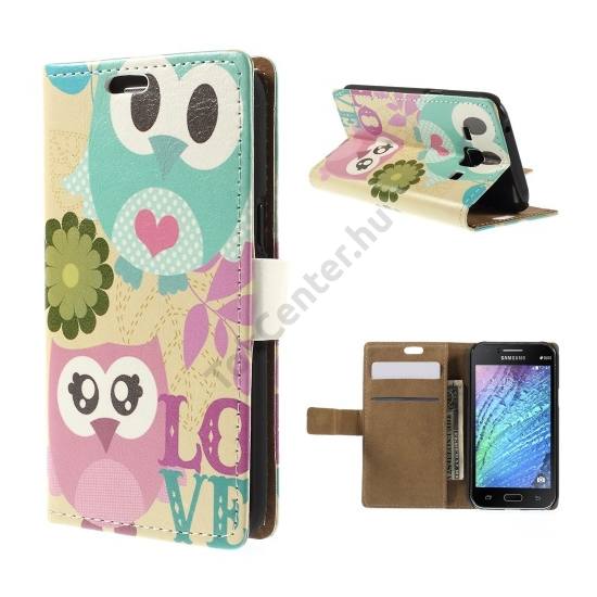 Samsung Galaxy J1 (SM-J100) Tok álló, bőr (FLIP, oldalra nyíló, asztali tartó funkció, színes bagolyminta) BÉZS