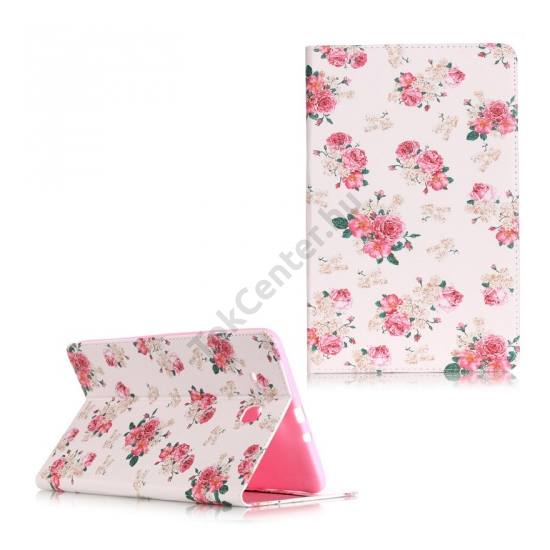 Samsung Galaxy Tab E 9.6 3G / WIFI Tok álló, bőr (FLIP, oldalra nyíló, bankkártya tartó, asztali tartó funkció, rózsaminta) FEHÉR