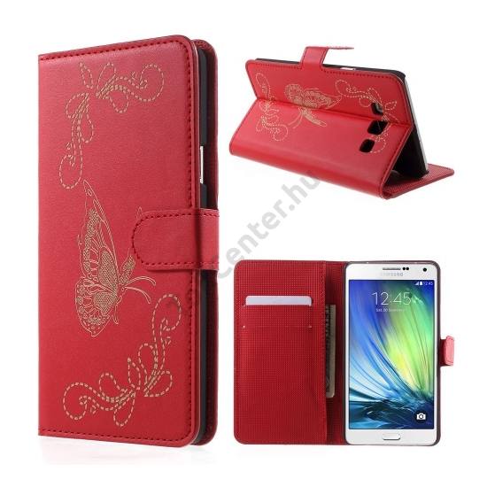 Samsung Galaxy A7 (SM-A700F) Tok álló, bőr (FLIP, oldalra nyíló, asztali tartó funkció, gravírozott, pillangó minta) PIROS
