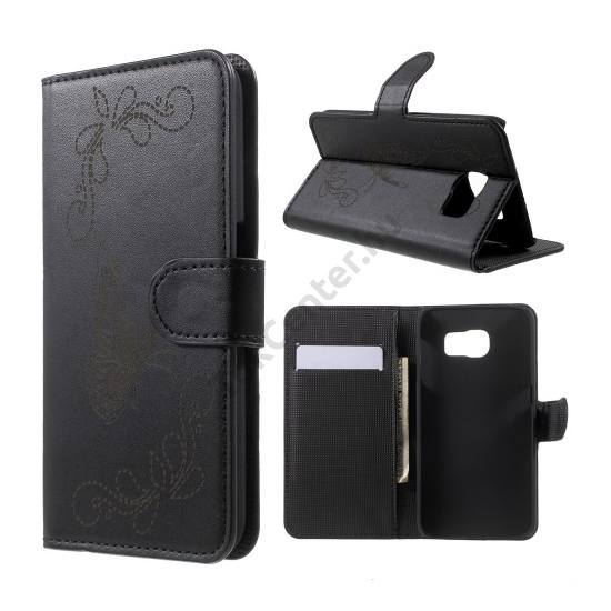 Samsung Galaxy S6 (SM-G920) Tok álló, bőr (FLIP, oldalra nyíló, bankkártya tartó, asztali tartó funkció, gravírozott, pillangó minta) FEKETE