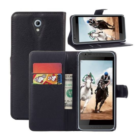 HTC Desire 620G Tok álló, bőr (FLIP, mágneses, oldalra nyíló, bankkártya tartó, asztali tartó funkció) FEKETE