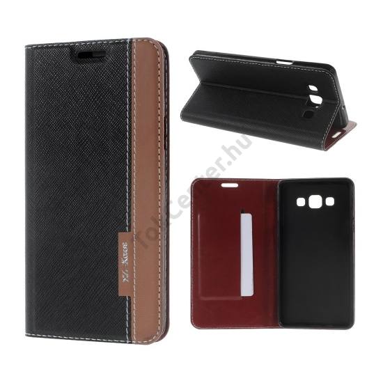 Samsung Galaxy A7 (SM-A700F) Tok álló, bőr (FLIP, mágneses, oldalra nyíló, bankkártya tartó, asztali tartó funkció, textil hatás) FEKETE/BARNA
