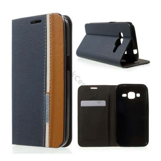 Samsung Galaxy Core Prime (SM-G360) Tok álló, bőr (FLIP, mágneses, oldalra nyíló, bankkártya tartó, asztali tartó funkció, textil hatás) SÖTÉTKÉK/BARNA