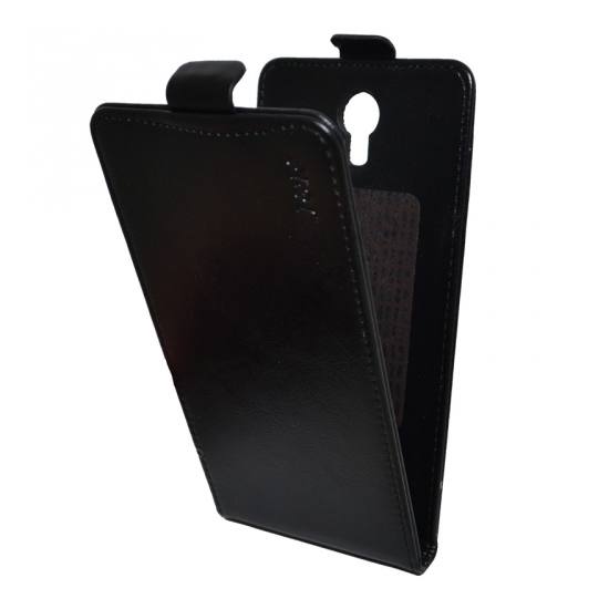 Doogee X6 (X6 Pro) Tok álló, bőr hatású (FLIP, lefelé nyíló, öntapadós rögzítés) FEKETE