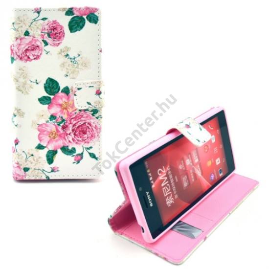 Sony Xperia M2 (D2303) Tok álló, bőr (FLIP, mágneses, oldalra nyíló, asztali tartó funkció, bazsarózsa minta) FEHÉR