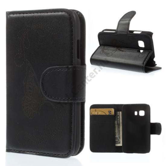 Samsung Galaxy Young 2 (SM-G130) Tok álló, bőr (FLIP, oldalra nyíló, bankkártya tartó, asztali tartó funkció, gravírozott, pillangó minta) FEKETE