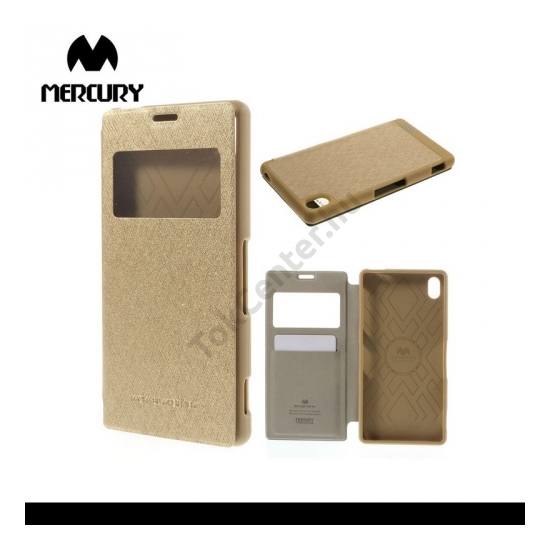 Sony Xperia Z3 (D6653) MERCURY Wow Bumper tok álló, bőr (FLIP, oldalra nyíló, S-View cover, textilminta) ARANY