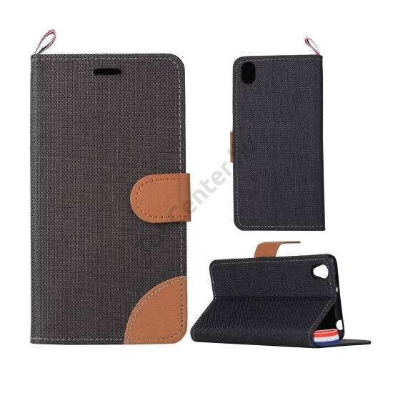 OnePlus X Tok álló, bőr (FLIP, oldalra nyíló, asztali tartó funkció, textil hatás) FEKETE/BARNA