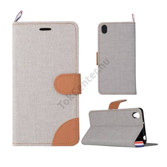 OnePlus X Tok álló, bőr (FLIP, oldalra nyíló, asztali tartó funkció, textil hatás) SZÜRKE/BARNA