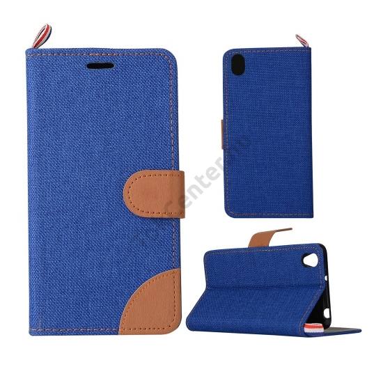 OnePlus X Tok álló, bőr (FLIP, oldalra nyíló, asztali tartó funkció, textil hatás) KÉK/BARNA