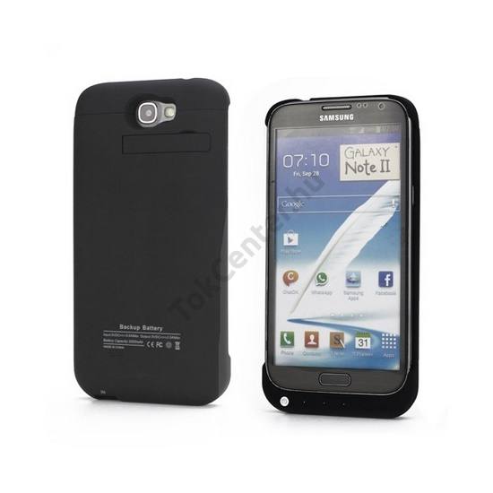 Samsung Galaxy Note II. (GT-N7100) Műanyag telefonvédő (beépített 3200 mAh LI-Ion akku, kitámasztó) FEKETE