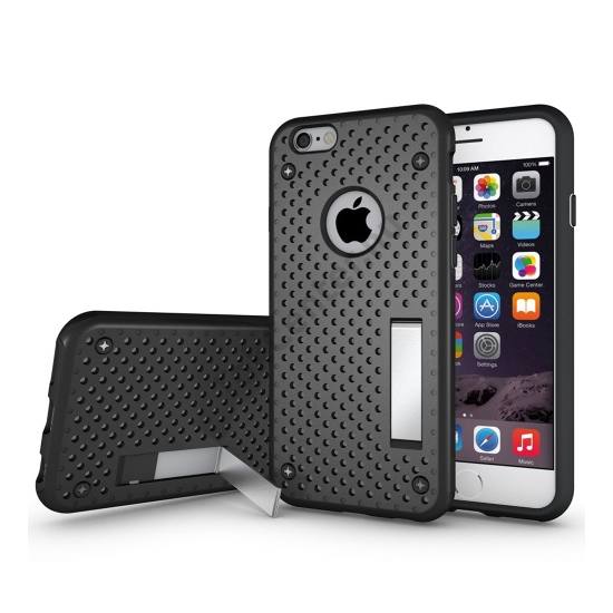 Műanyag telefonvédő (szilikon keret, lyukacsos minta, kitámasztó) FEKETE