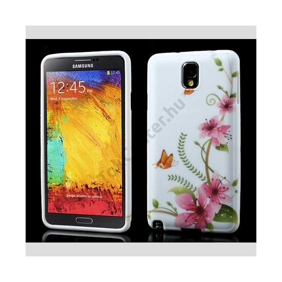 Samsung Galaxy Note 3. (SM-N9000) Telefonvédő gumi / szilikon (pillangó, virágmintás) FEHÉR