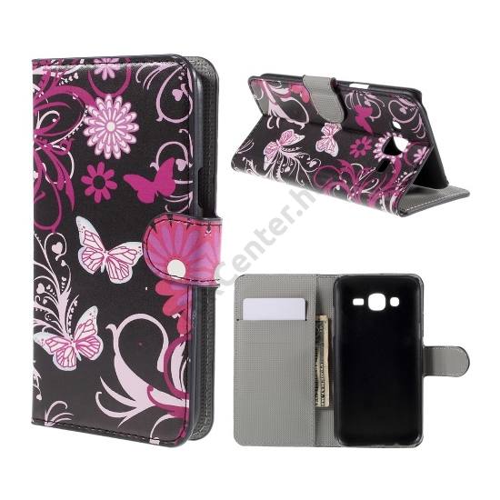 Samsung Galaxy J5 (SM-J500) Tok álló, bőr (FLIP, oldalra nyíló, asztali tartó funkció, pillangó, virágminta) FEKETE