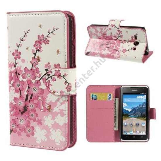 Huawei Ascend Y530 (C8813) Tok álló, bőr (FLIP, asztali tartó funkció, mágneses, oldalra nyíló, bankkártya tartó, virágmintás) FEHÉR