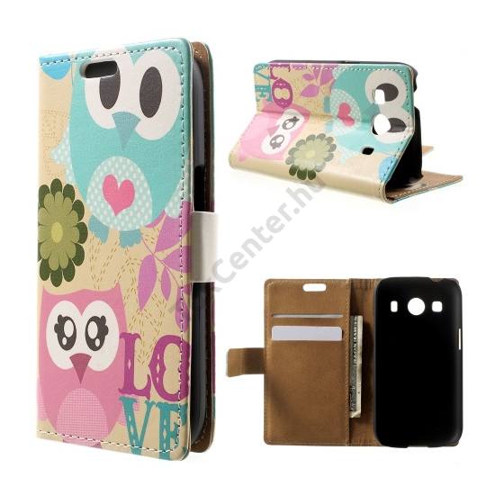 Samsung Galaxy Ace 4 LTE (SM-G357FZ) Tok álló, bőr (FLIP, mágneses, oldalra nyíló, bankkártya tartó, asztali tartó funkció, színes bagolyminta) BÉZS