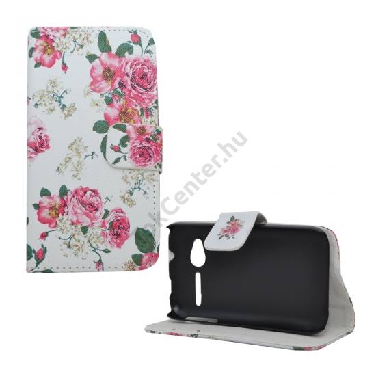 Alcatel Pop D1 (OT-4018D) Tok álló, bőr (FLIP, mágneses, oldalra nyíló, bankkártya tartó, asztali tartó funkció, bazsarózsa minta) FEHÉR