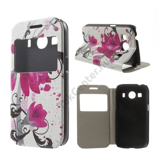 Samsung Galaxy Ace 4 LTE (SM-G357FZ) Tok álló, bőr (FLIP, oldalra nyíló, asztali tartó funkció, hívószámkijelzés, View Window, lótuszvirág minta) FEHÉR
