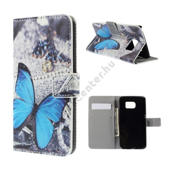Samsung Galaxy S6 EDGE (SM-G925F) Tok álló, bőr (FLIP, oldalra nyíló, asztali tartó funkció, kék pillangóminta) SZÜRKE