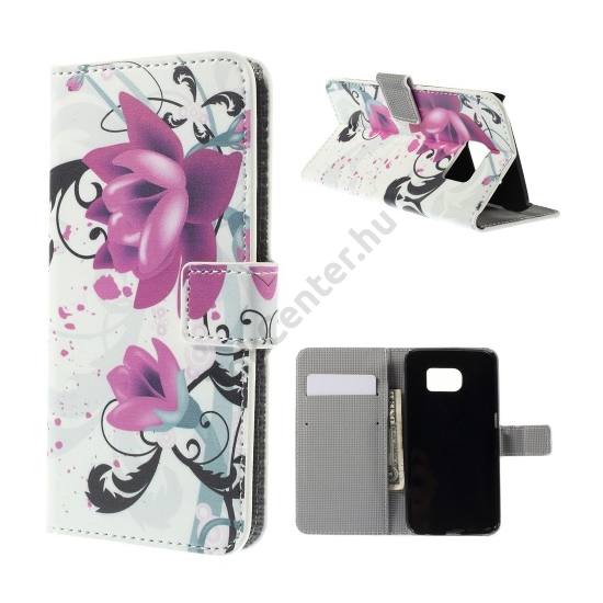 Samsung Galaxy S6 EDGE (SM-G925F) Tok álló, bőr (FLIP, oldalra nyíló, asztali tartó funkció, lótuszvirág minta) FEHÉR