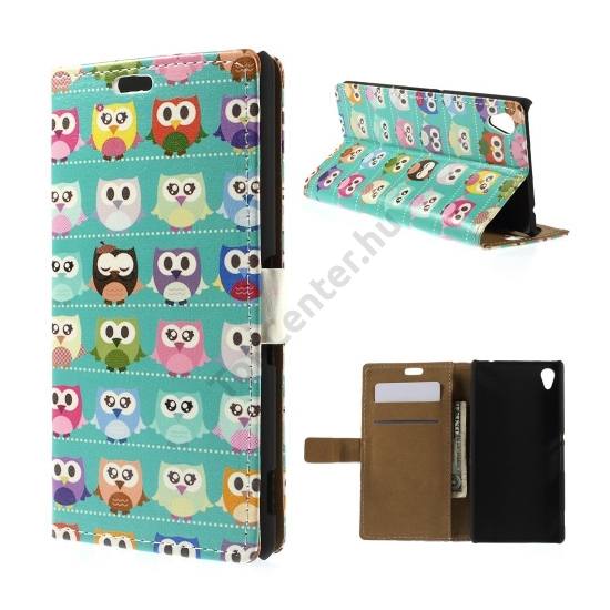 Sony Xperia M4 Aqua (E2303) Tok álló, bőr (FLIP, oldalra nyíló, asztali tartó funkció, színes bagolyminta) CYAN