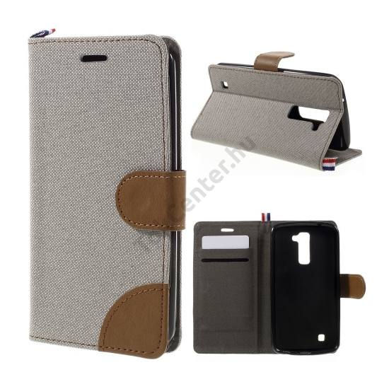 LG K10 (K420n) Tok álló, bőr (FLIP, oldalra nyíló, asztali tartó funkció, textil hatás) SZÜRKE/BARNA