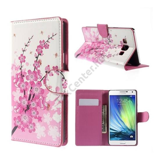 Samsung Galaxy A7 (SM-A700F) Tok álló, bőr (FLIP, mágneses, oldalra nyíló, bankkártya tartó, asztali tartó funkció, virágmintás) FEHÉR