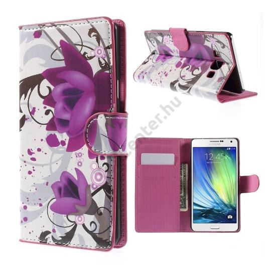Samsung Galaxy A7 (SM-A700F) Tok álló, bőr (FLIP, mágneses, oldalra nyíló, bankkártya tartó, asztali tartó funkció, lótuszvirág minta) FEHÉR