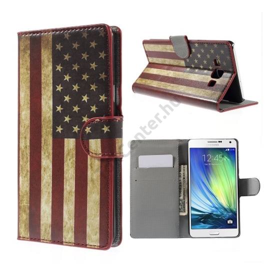 Samsung Galaxy A7 (SM-A700F) Tok álló, bőr (FLIP, mágneses, oldalra nyíló, bankkártya tartó, asztali tartó funkció, zászlóminta) USA
