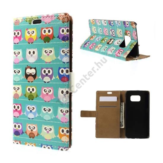 Samsung Galaxy S6 (SM-G920) Tok álló, bőr (FLIP, mágneses, oldalra nyíló, bankkártya tartó, asztali tartó funkció, színes bagolyminta) CYAN