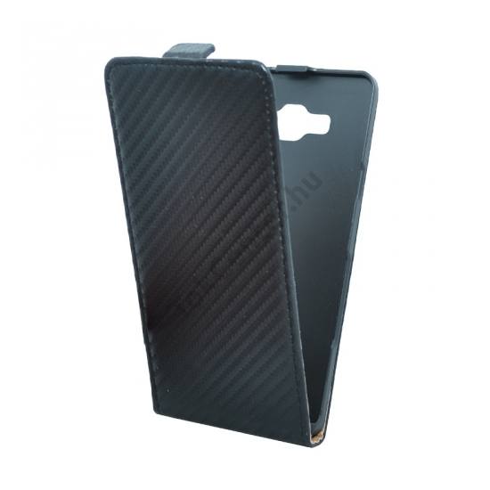 Samsung Galaxy A7 (SM-A700F) Tok álló, bőr (FLIP, mágneses, karbon minta) FEKETE