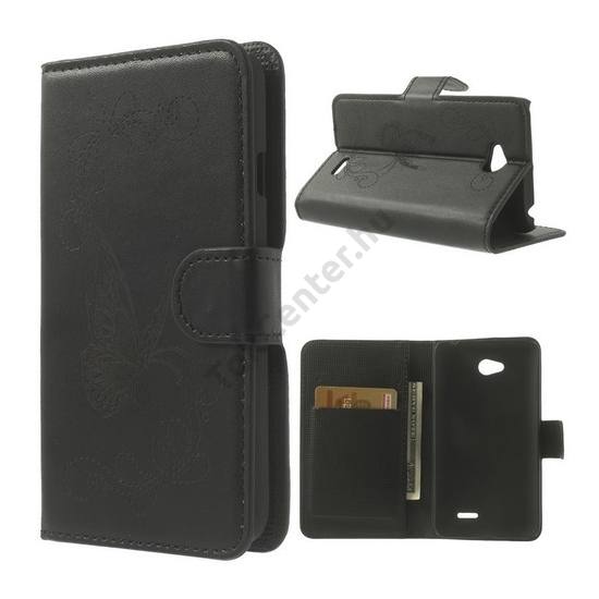 LG L65 (D280) Tok álló, bőr (FLIP, oldalra nyíló, asztali tartó funkció, bankkártya tartó, gravírozott, pillangó minta) FEKETE