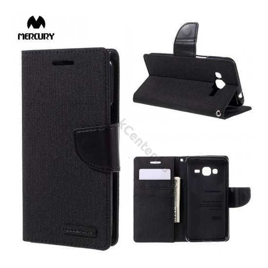 Samsung Galaxy J3 (2016) (SM-J320) MERCURY Canvas Diary tok álló (FLIP, mágneses, oldalra nyíló, asztali tartó funkció, textil hatás) FEKETE