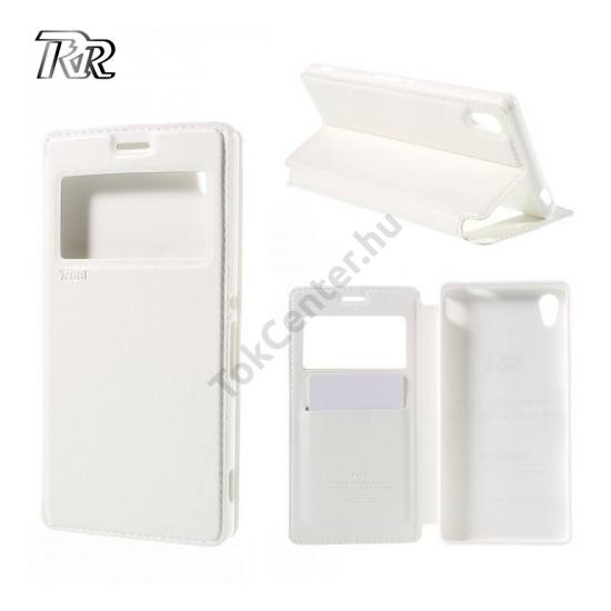 Sony Xperia M4 Aqua (E2303) ROAR tok álló, bőr (FLIP, oldalra nyíló, asztali tartó funkció, View Window) FEHÉR