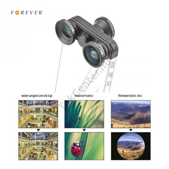 Apple iPhone 5 FOREVER Objektív, csíptethető, 4 féle kameralencse (első, hátsó halszem optika, széles látószög, makró) FEKETE