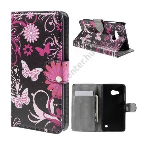 Microsoft Lumia 550 Tok álló, bőr (FLIP, oldalra nyíló, asztali tartó funkció, pillangó, virágminta) FEKETE