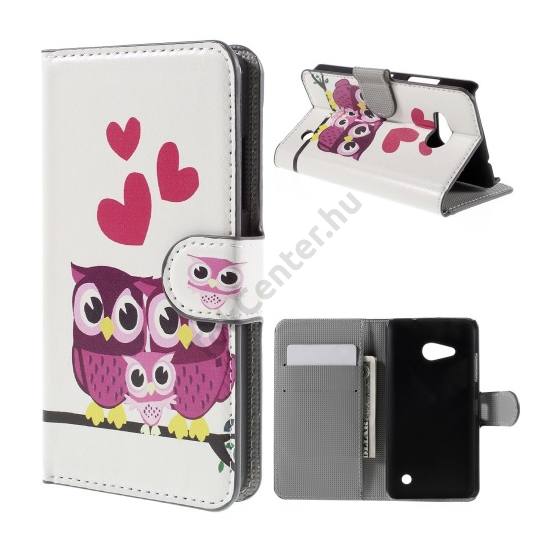 Microsoft Lumia 550 Tok álló, bőr (FLIP, oldalra nyíló, asztali tartó funkció, szív, bagolyminta) FEHÉR