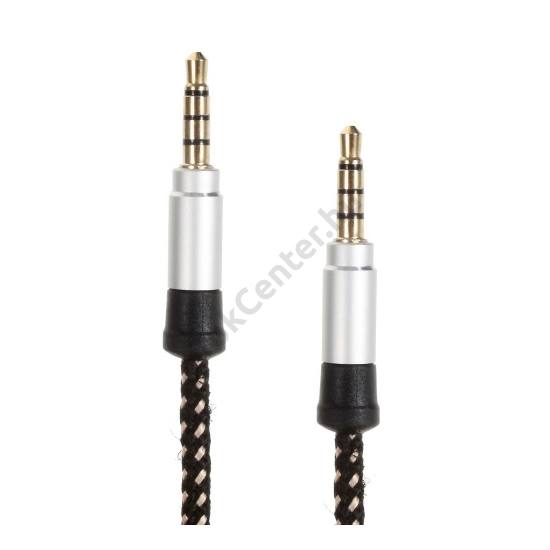 Audió kábel (2 x 3.5 mm, 4 pólusú jack csatlakozó, cipőfűző minta 1.5m, AUX) FEKETE