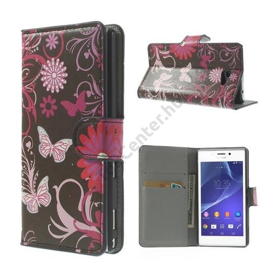 Sony Xperia M2 (D2303) Tok álló, bőr (FLIP, oldalra nyíló, asztali tartó funkció, pillangó, virágminta) FEKETE