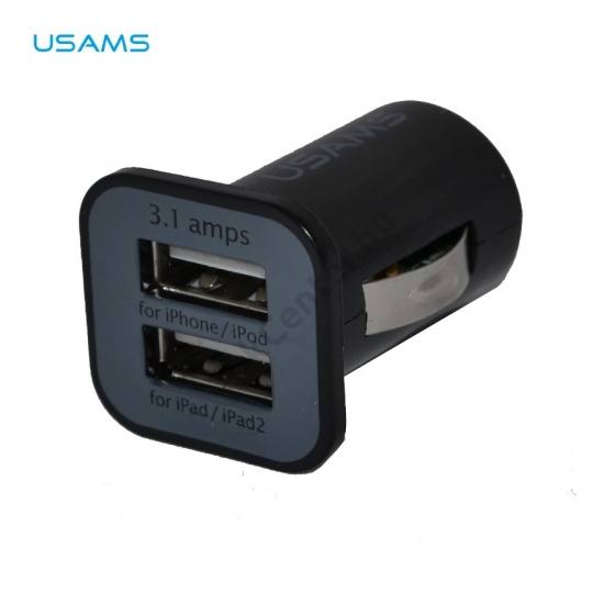 USAMS szivargyújtó töltő/autós töltő 2 x USB aljzat (1x 5V / 1000mA, 1x 5V / 2100mA, kábel NÉLKÜL!) FEKETE