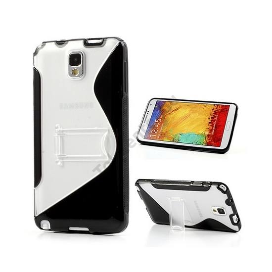 Samsung Galaxy Note 3. (SM-N9000) Műanyag telefonvédő (gumi / szilikon betét, kitámasztó, S-line) ÁTLÁTSZÓ / FEKETE