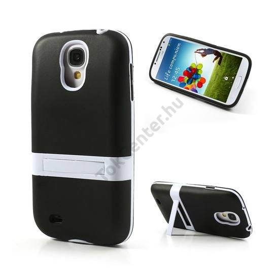 Samsung Galaxy S IV. (GT-I9500) Telefonvédő gumi / szilikon (kitámasztó) FEKETE/FEHÉR