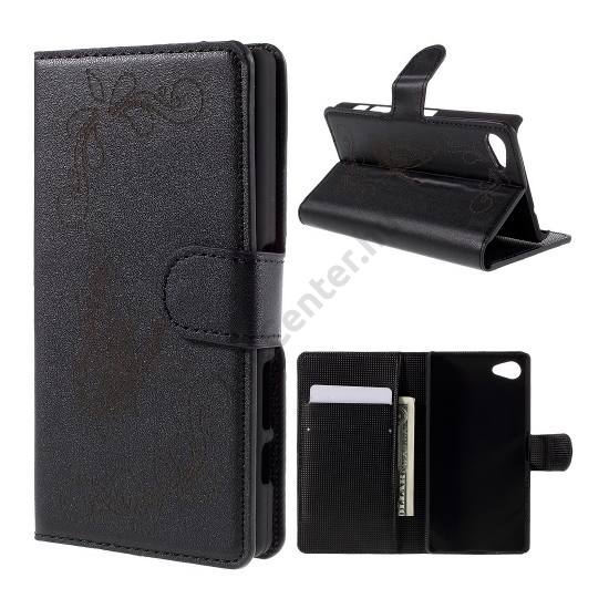 Sony Xperia Z5 Compact Tok álló, bőr (FLIP, oldalra nyíló, asztali tartó funkció, gravírozott, pillangó minta) FEKETE
