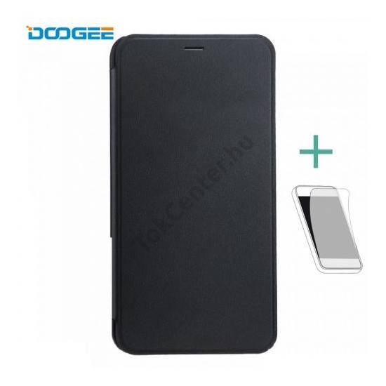 DOOGEE X10 Tok álló, bőr (FLIP, oldalra nyíló, edzett üveg fólia) FEKETE	