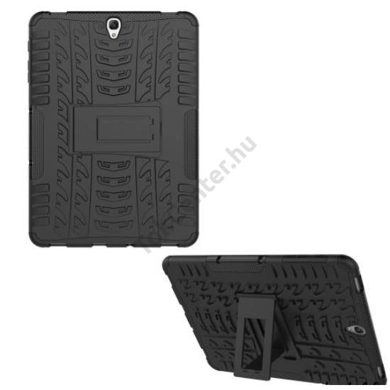 SAMSUNG Galaxy Tab S3 9.7 WIFI (SM-T820) Defender műanyag telefonvédő (közepesen ütésálló, gumi / szilikon belső, kitámasztó, autógumi minta) FEKETE	